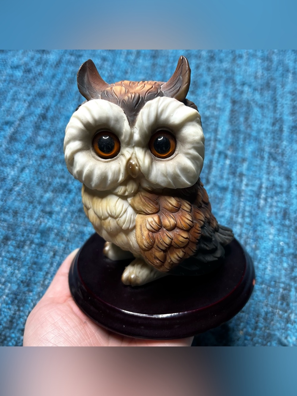 Vintage Montefiori Collection Brown Owl Figurine on Wood Base Italy 5" Tall